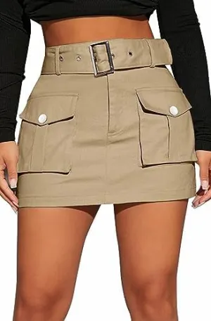 Women's Cargo Skirt Mini Cargo Skirts for Women Denim Skirt with Belt and Pocket