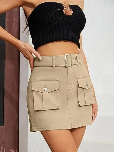 Women's Cargo Skirt Mini Cargo Skirts for Women Denim Skirt with Belt and Pocket