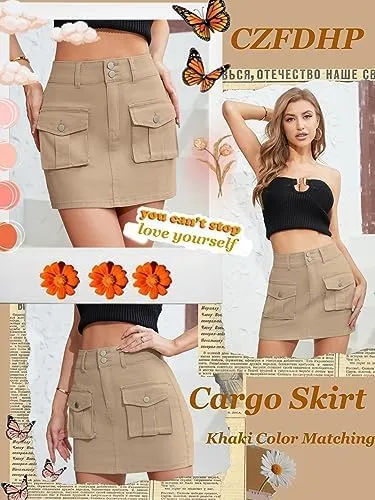Women's Cargo Skirt Mini Cargo Skirts for Women Denim Skirt with Belt and Pocket