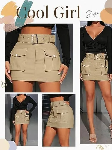 Women's Cargo Skirt Mini Cargo Skirts for Women Denim Skirt with Belt and Pocket