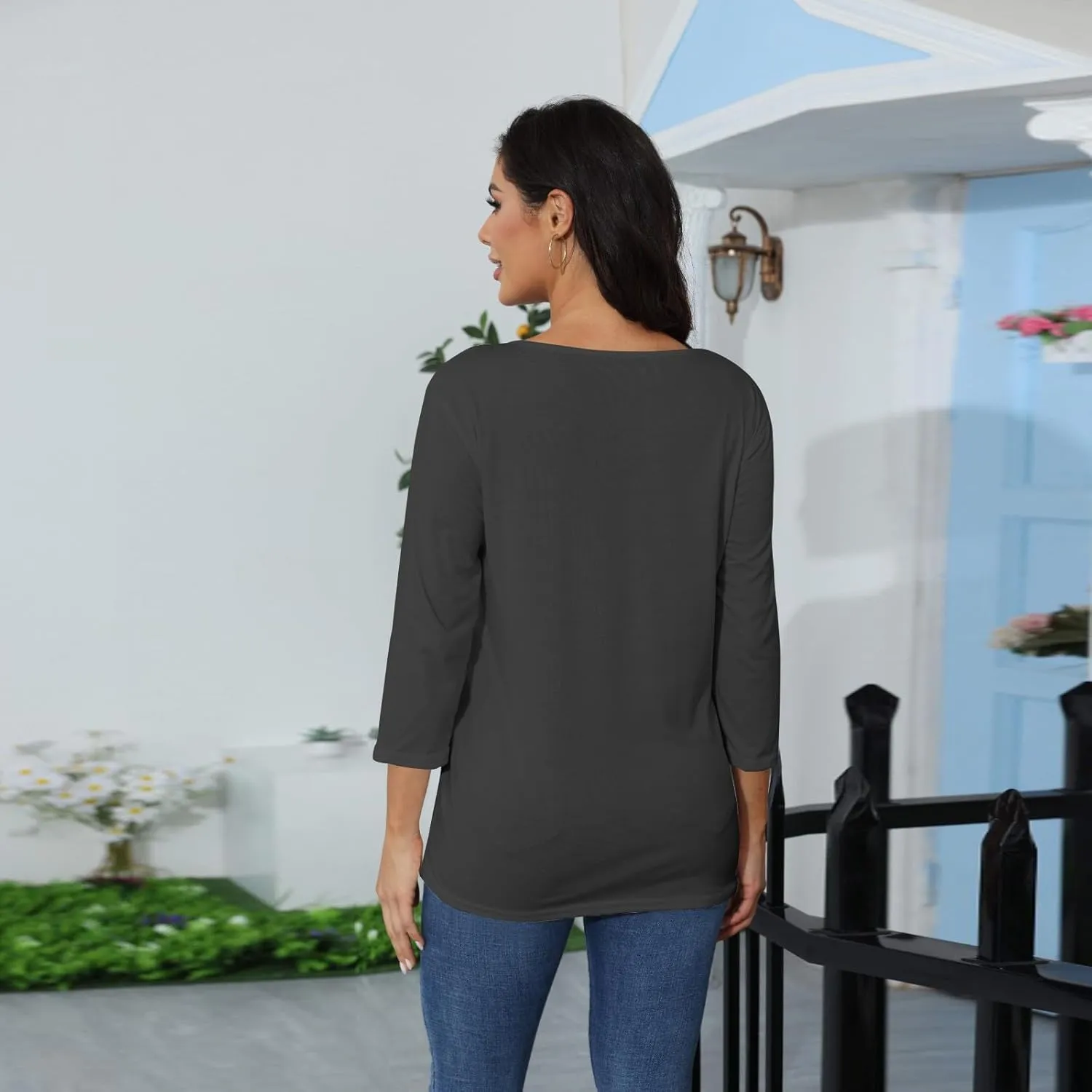 Women's Casual 3/4 Sleeve Loose Tunic Tops Lightweight Summer Blouses