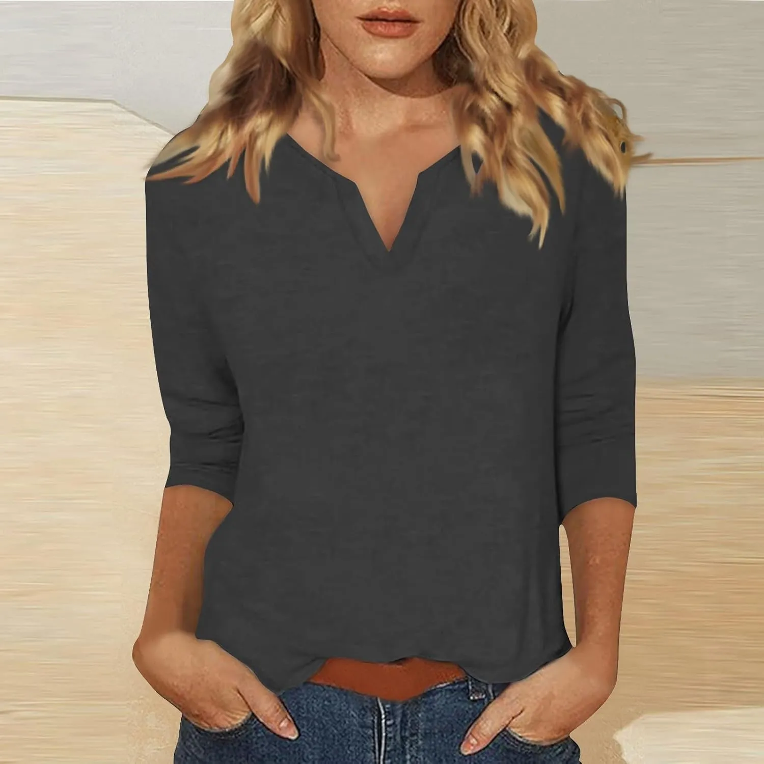 Women's Casual 3/4 Sleeve Loose Tunic Tops Lightweight Summer Blouses