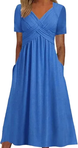Womens Casual Dress for Summer Short Sleeve Pleated Dress Loose Flowy Beach Dress with Pockets Flare Midi Sundress
