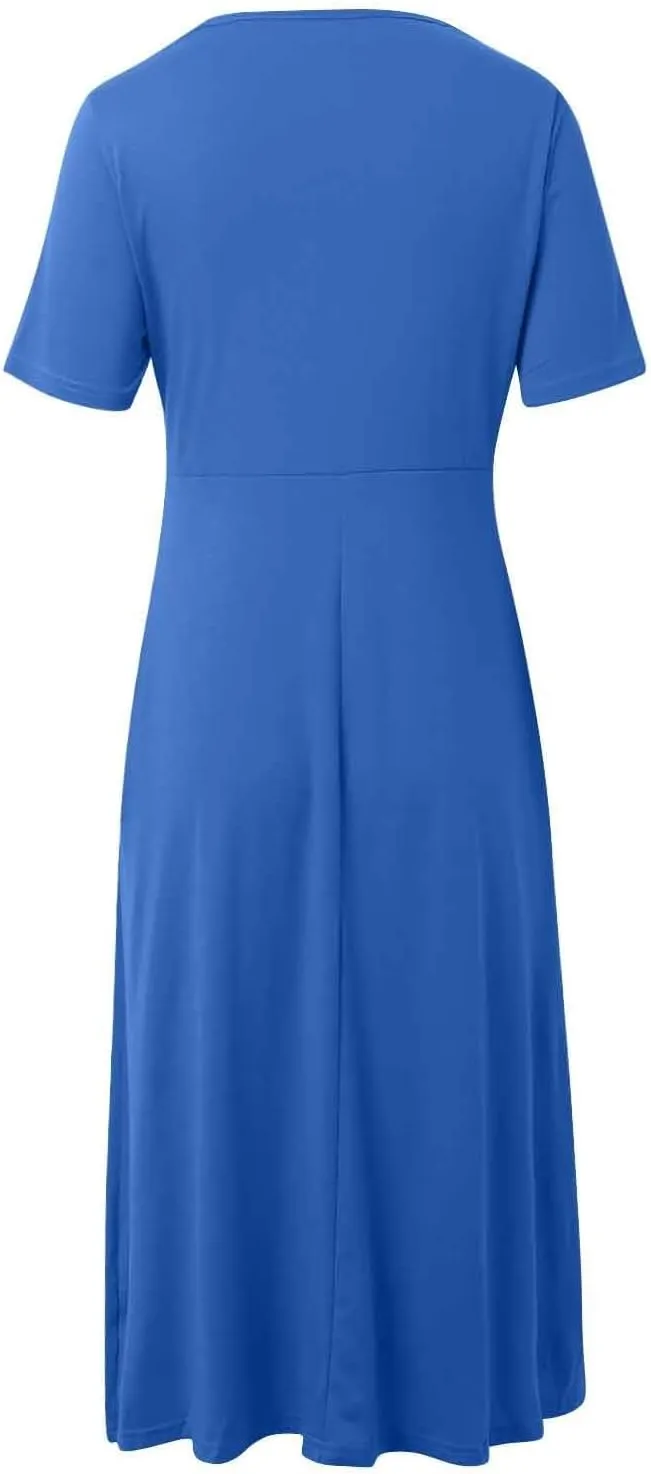 Womens Casual Dress for Summer Short Sleeve Pleated Dress Loose Flowy Beach Dress with Pockets Flare Midi Sundress