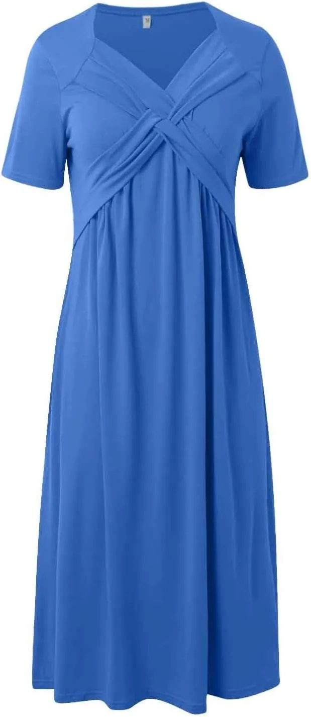 Womens Casual Dress for Summer Short Sleeve Pleated Dress Loose Flowy Beach Dress with Pockets Flare Midi Sundress