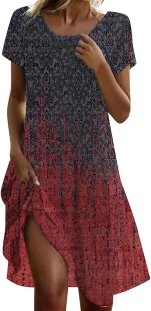Women's Casual Dress Short Sleeve Sundresses Vacation Summer Dresses 2025 Beach Boho Floral A-Line Tshirt Dress with Pockets