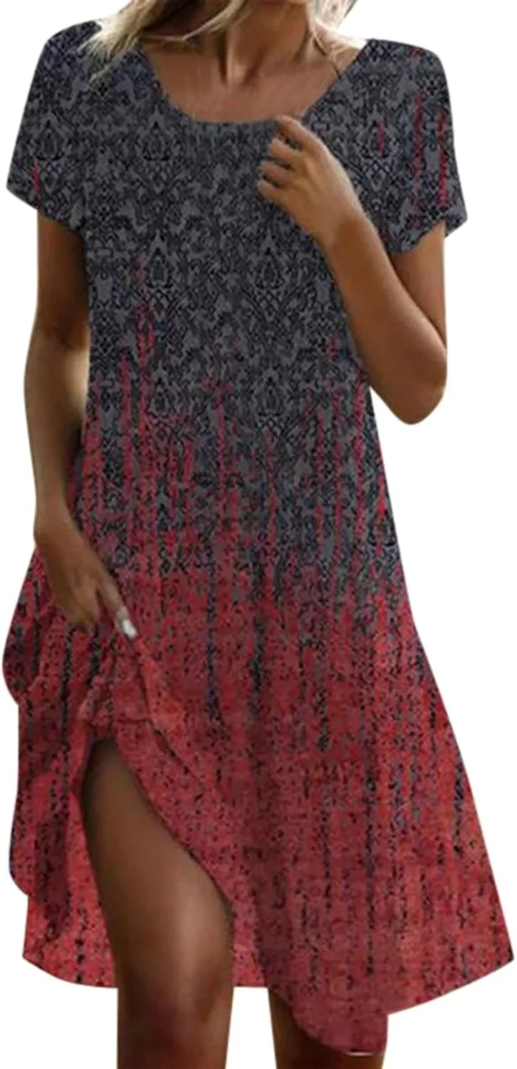 Women's Casual Dress Short Sleeve Sundresses Vacation Summer Dresses 2025 Beach Boho Floral A-Line Tshirt Dress with Pockets