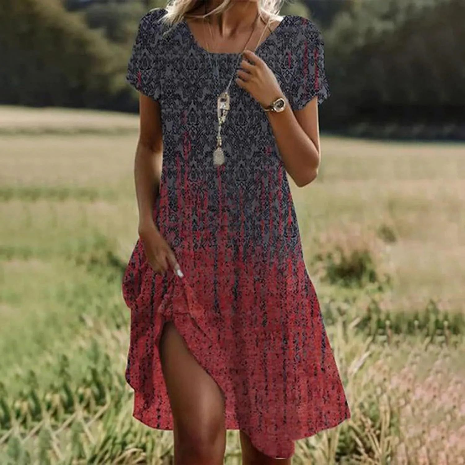 Women's Casual Dress Short Sleeve Sundresses Vacation Summer Dresses 2025 Beach Boho Floral A-Line Tshirt Dress with Pockets