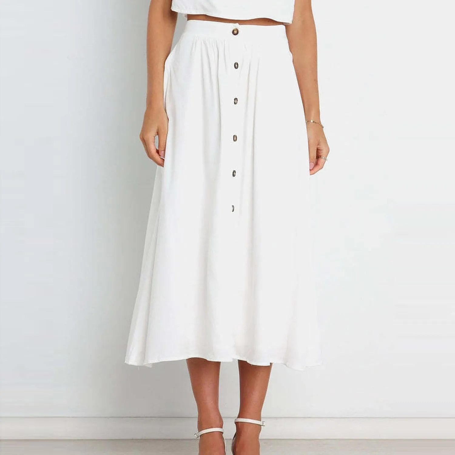 Womens Casual Front Button Skirts 2025 Summer Outfit Flowy Beach Skirts for Women Elastic High Waisted Midi Skirt
