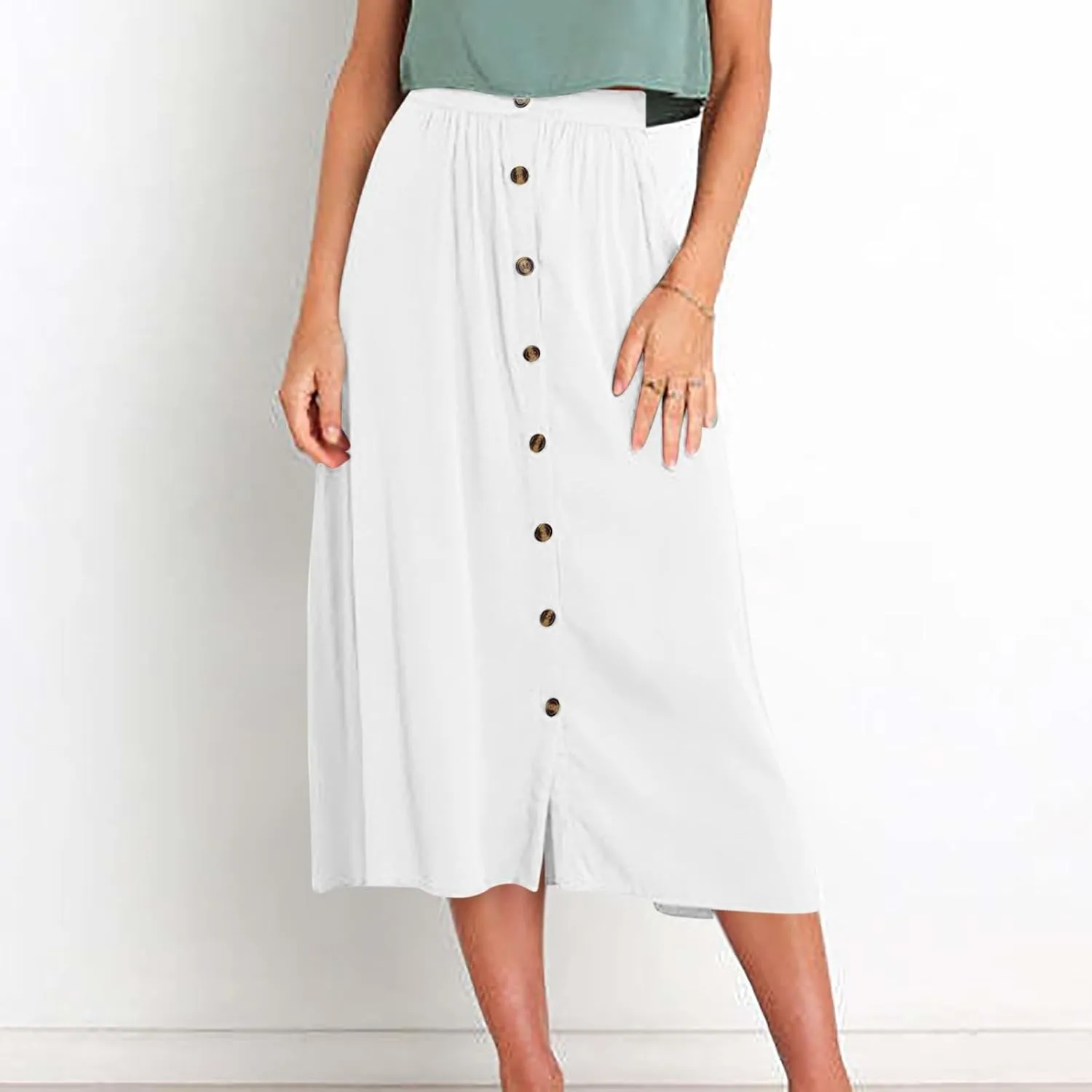 Womens Casual Front Button Skirts 2025 Summer Outfit Flowy Beach Skirts for Women Elastic High Waisted Midi Skirt