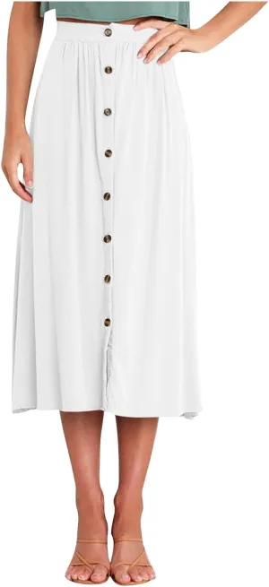 Womens Casual Front Button Skirts 2025 Summer Outfit Flowy Beach Skirts for Women Elastic High Waisted Midi Skirt