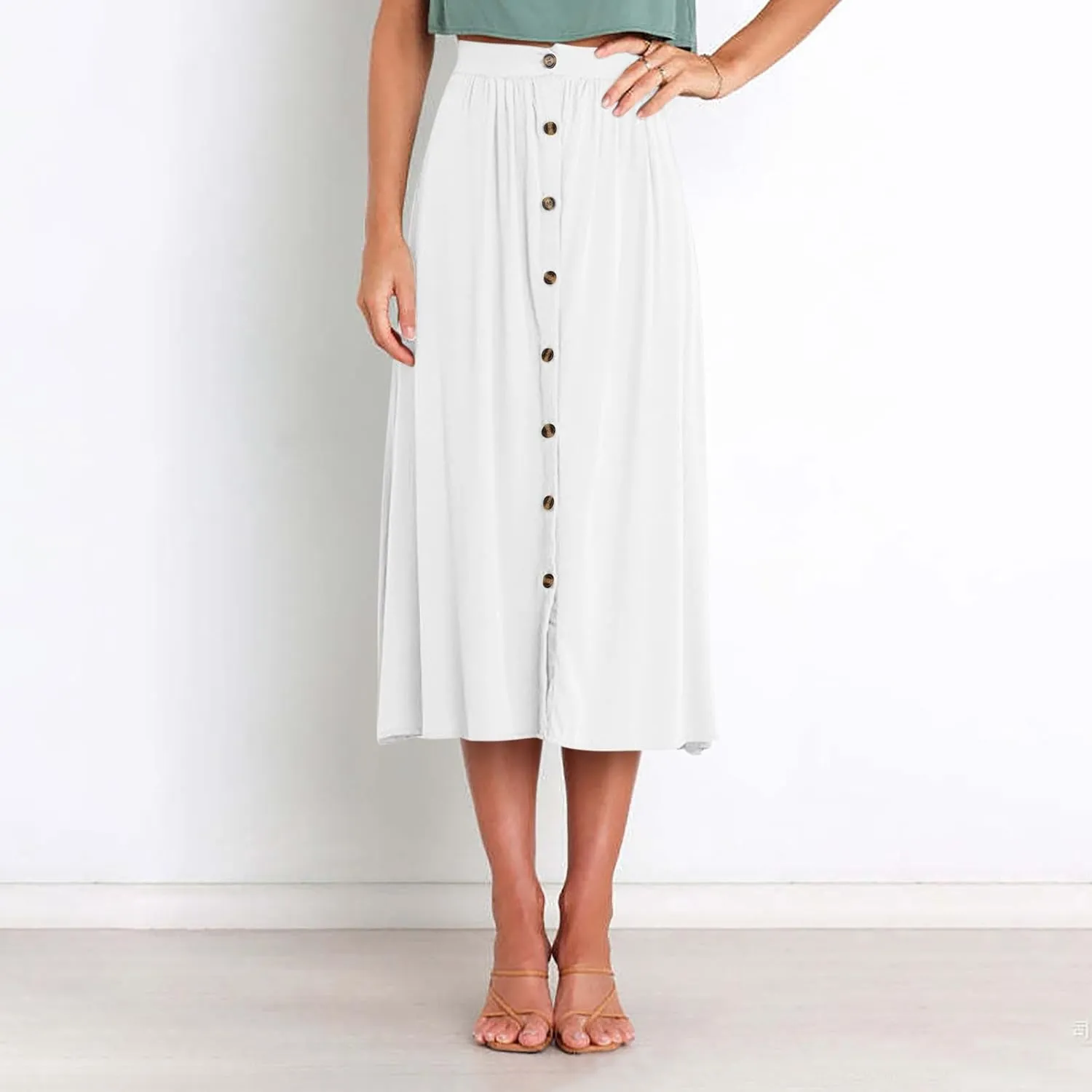 Womens Casual Front Button Skirts 2025 Summer Outfit Flowy Beach Skirts for Women Elastic High Waisted Midi Skirt