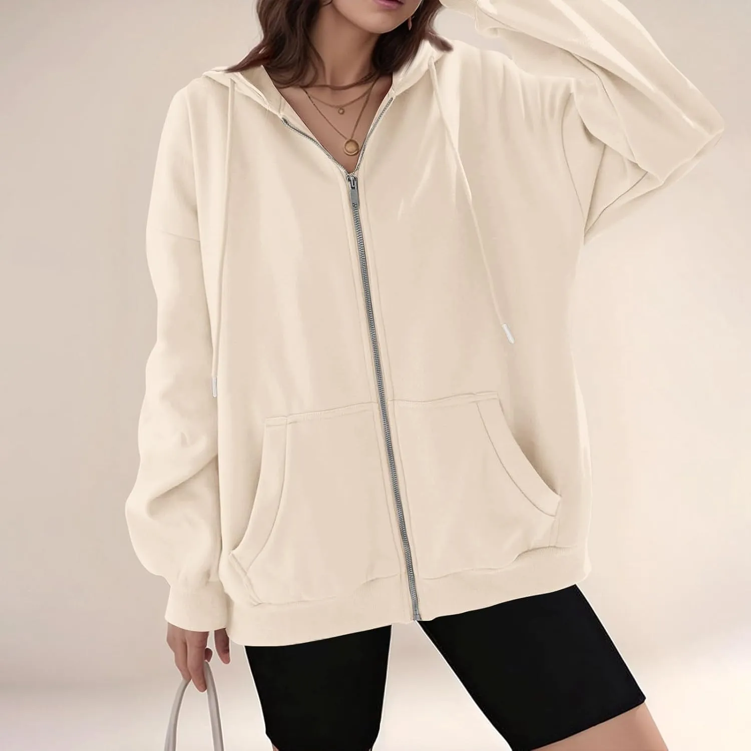 Womens Casual Full Zip Up Hoodies Oversized Long Sleeve Solid Sweatshirts Fall Trendy Comfy Loose Jacket with Pockets