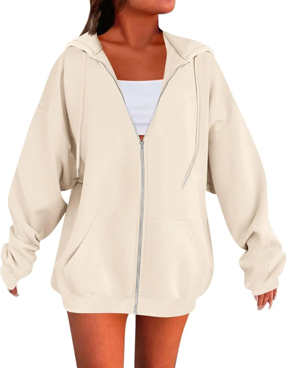 Womens Casual Full Zip Up Hoodies Oversized Long Sleeve Solid Sweatshirts Fall Trendy Comfy Loose Jacket with Pockets