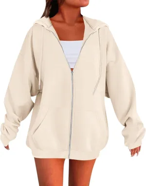 Womens Casual Full Zip Up Hoodies Oversized Long Sleeve Solid Sweatshirts Fall Trendy Comfy Loose Jacket with Pockets