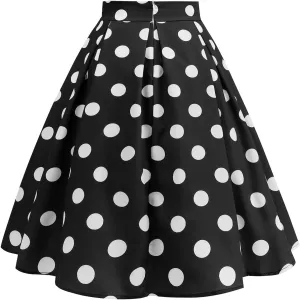 Women's Casual Midi Skater Skirt Polka Dot Print Pleated Flowy Tunic Skirts Cocktail Rockabilly Cute Prom Skirts