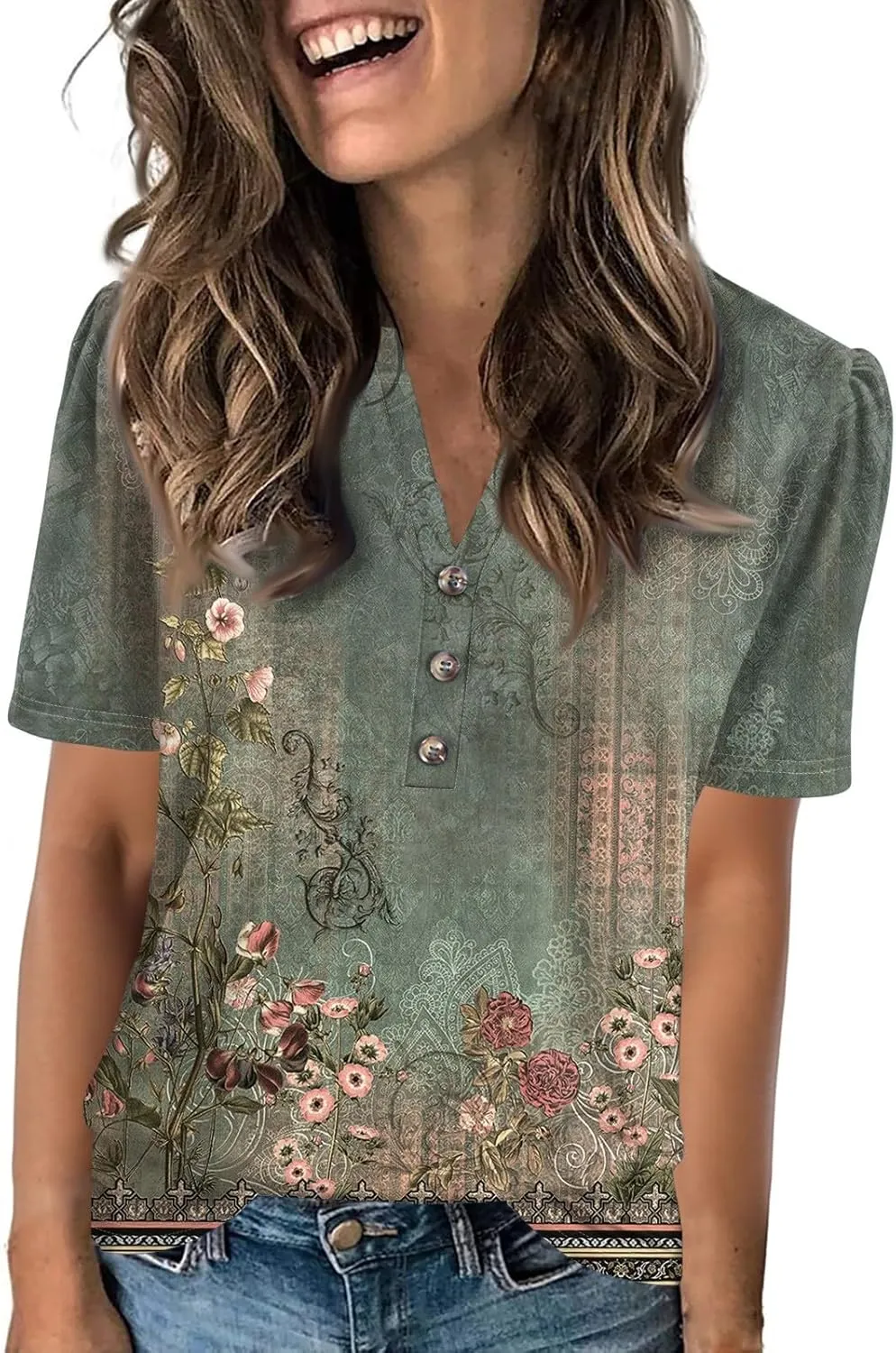 Women's Casual Short Sleeve Henley Shirt Stylish Button-Down V-Neck Top Lightweight and Comfortable for Everyday Wear