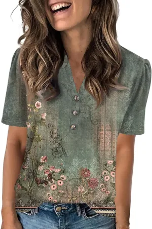 Women's Casual Short Sleeve Henley Shirt Stylish Button-Down V-Neck Top Lightweight and Comfortable for Everyday Wear