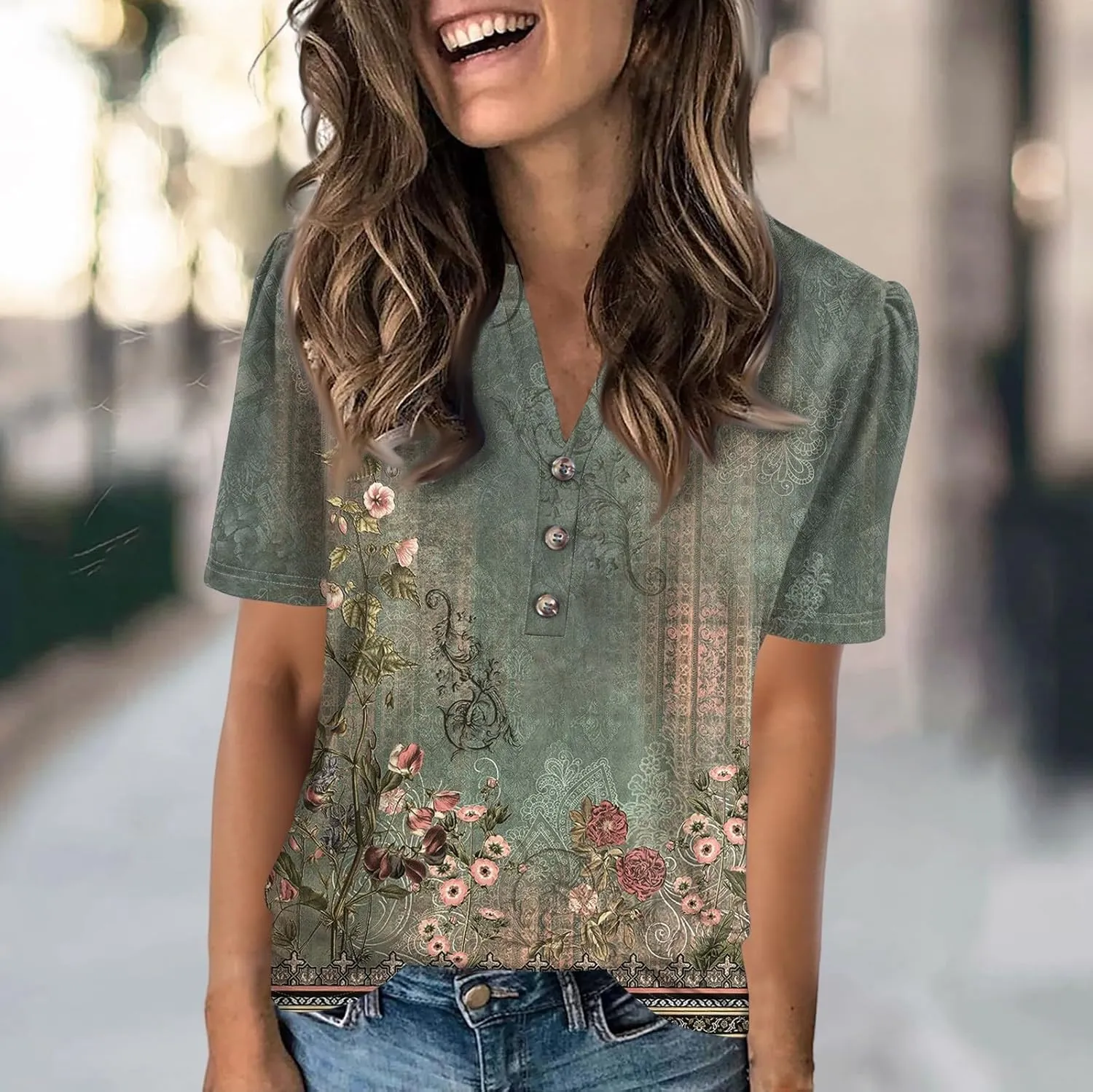Women's Casual Short Sleeve Henley Shirt Stylish Button-Down V-Neck Top Lightweight and Comfortable for Everyday Wear