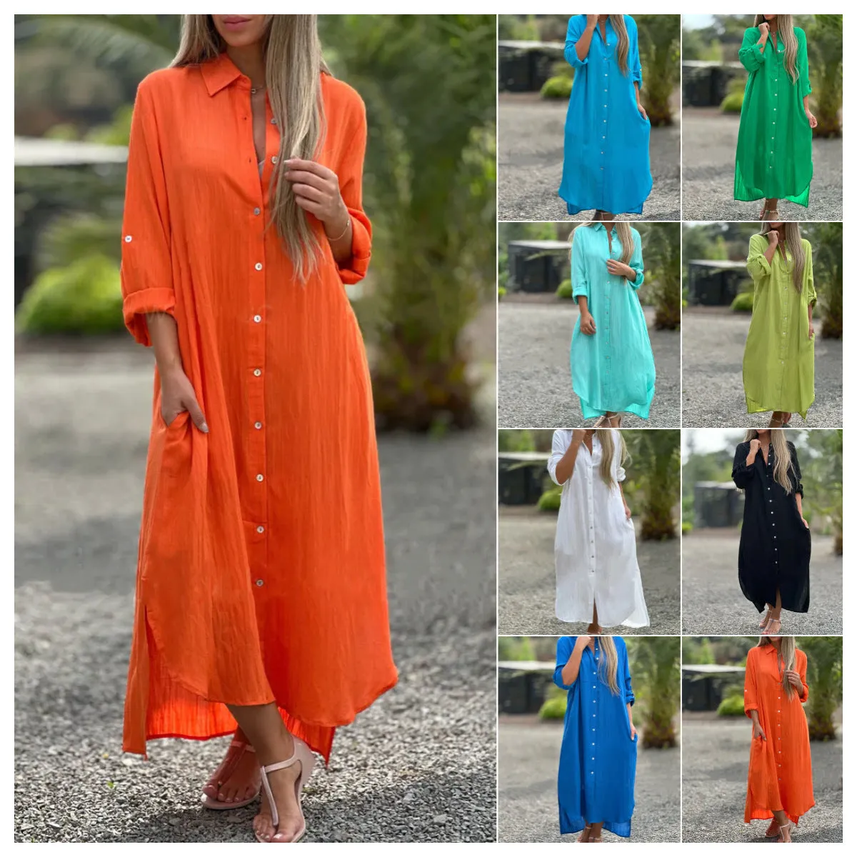 Women's Casual Solid Color Button Front Linen Shirt Dress