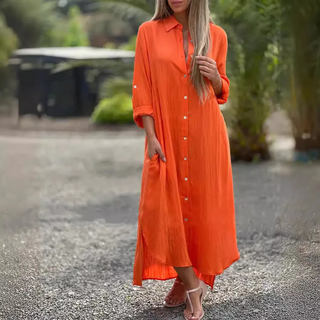 Women's Casual Solid Color Button Front Linen Shirt Dress