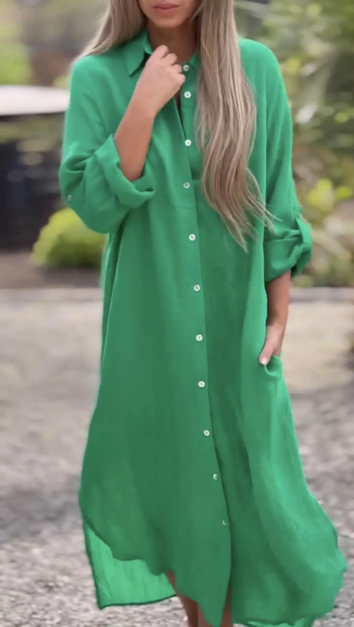 Women's Casual Solid Color Button Front Linen Shirt Dress