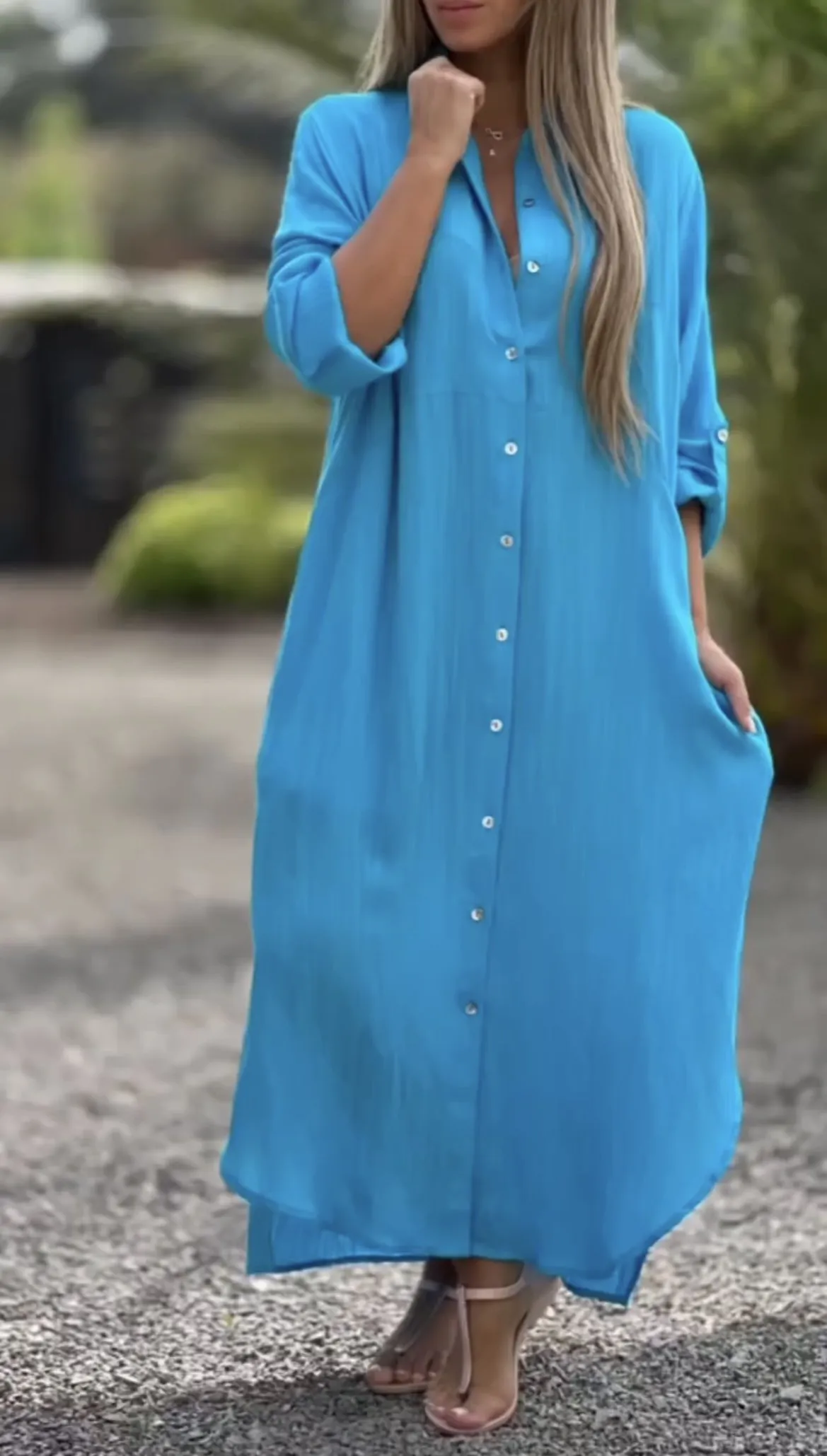Women's Casual Solid Color Button Front Linen Shirt Dress