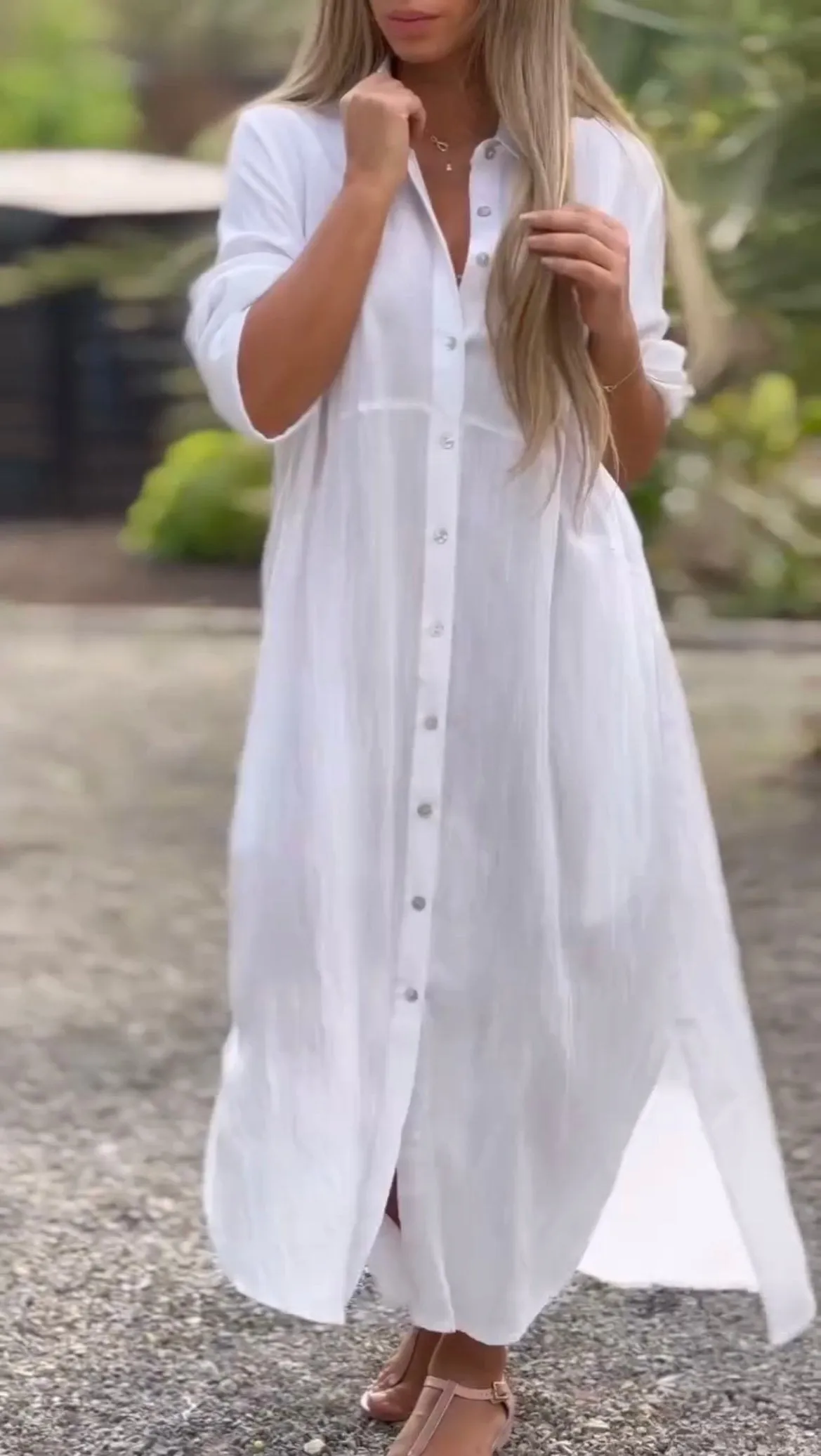 Women's Casual Solid Color Button Front Linen Shirt Dress