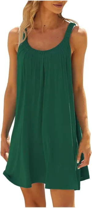 Womens Causal Summer Dress Beach Dress Sleeveless Waist Tie Front Bikini A- Line Mini Short Sun Dresses Beachwear