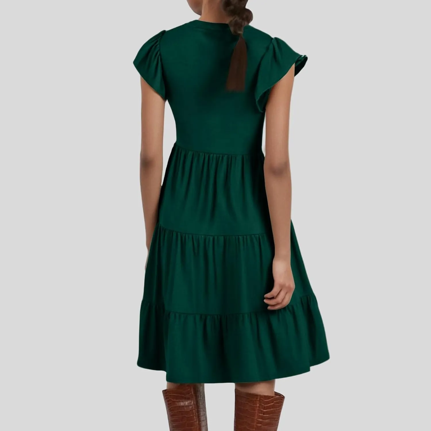 Women's Clothing Dresses V-Neck Ruffle Sleeve Solid Color Layered Bohemian Beach Party Mini Dresses Short, S-2XL