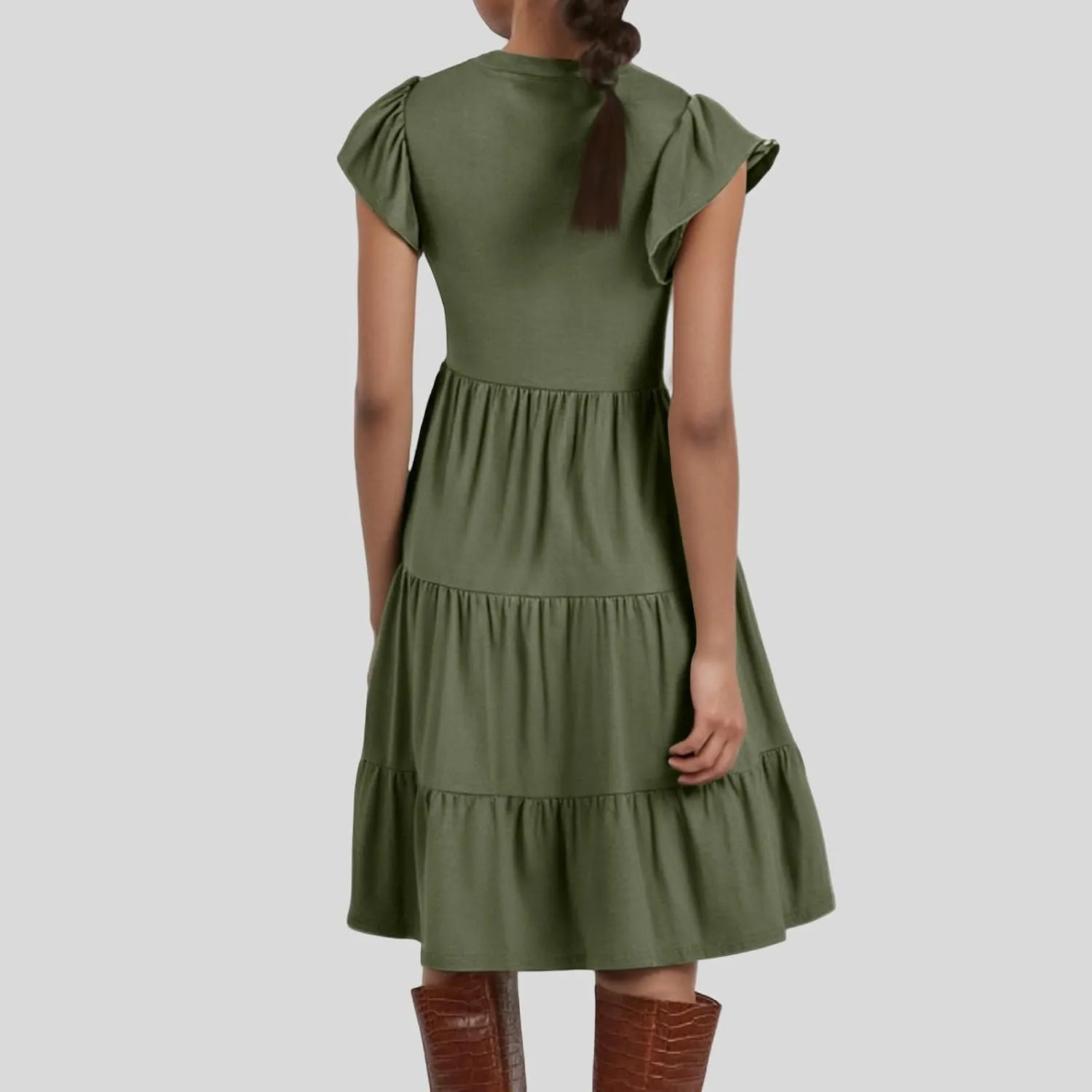 Women's Clothing Dresses V-Neck Ruffle Sleeve Solid Color Layered Bohemian Beach Party Mini Dresses Short, S-2XL