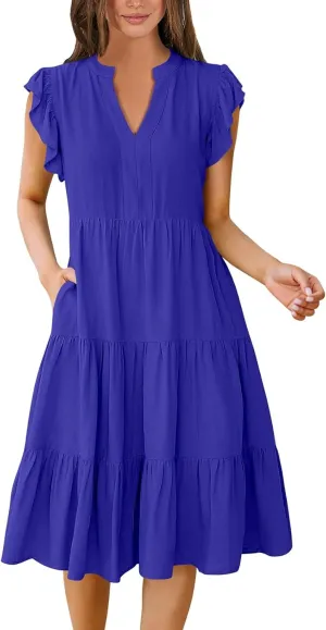 Women's Clothing Dresses V-Neck Ruffle Sleeve Solid Color Layered Bohemian Beach Party Mini Dresses Short, S-2XL