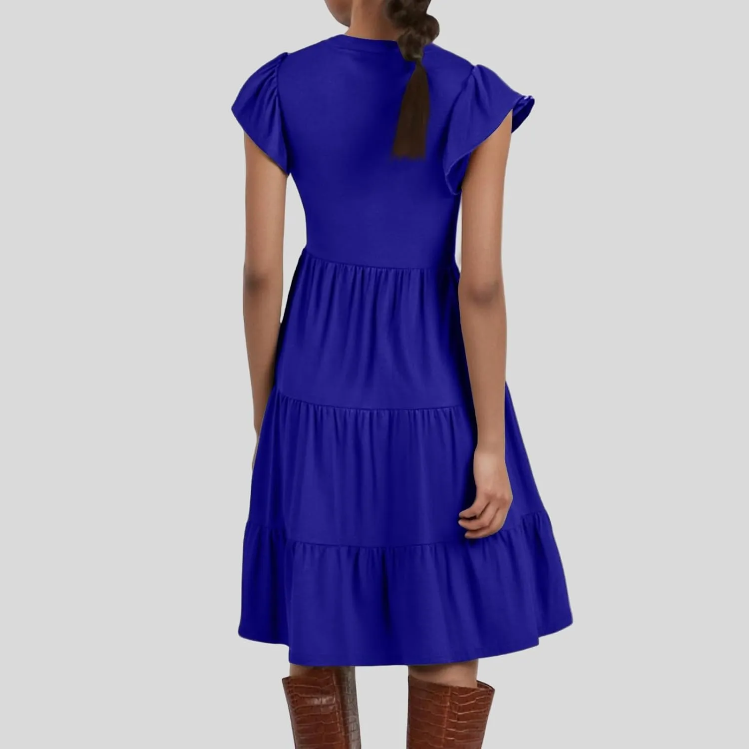 Women's Clothing Dresses V-Neck Ruffle Sleeve Solid Color Layered Bohemian Beach Party Mini Dresses Short, S-2XL