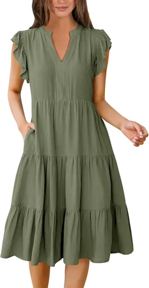 Women's Clothing Dresses V-Neck Ruffle Sleeve Solid Color Layered Bohemian Beach Party Mini Dresses Short, S-2XL