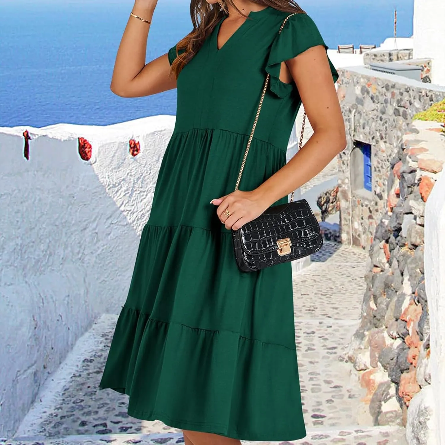 Women's Clothing Dresses V-Neck Ruffle Sleeve Solid Color Layered Bohemian Beach Party Mini Dresses Short, S-2XL