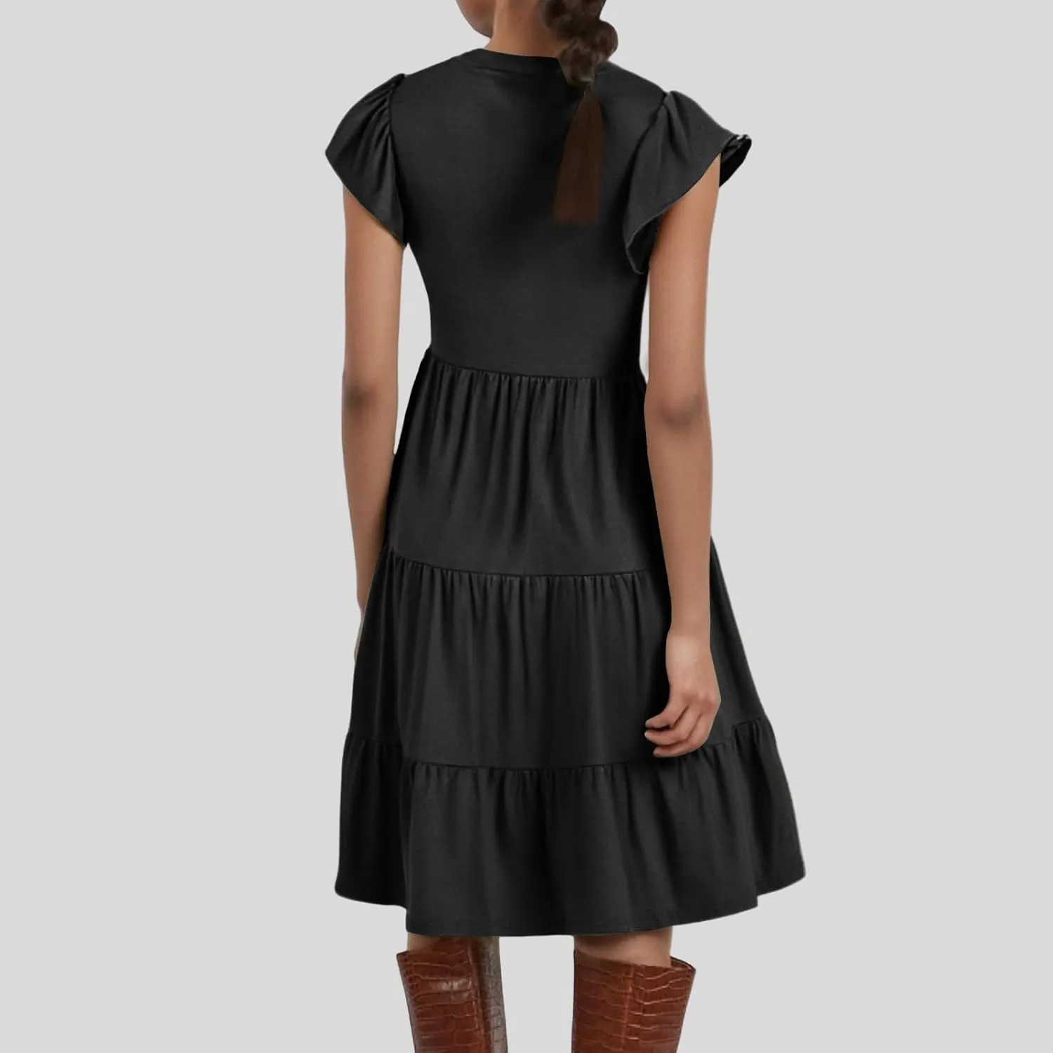 Women's Clothing Dresses V-Neck Ruffle Sleeve Solid Color Layered Bohemian Beach Party Mini Dresses Short, S-2XL