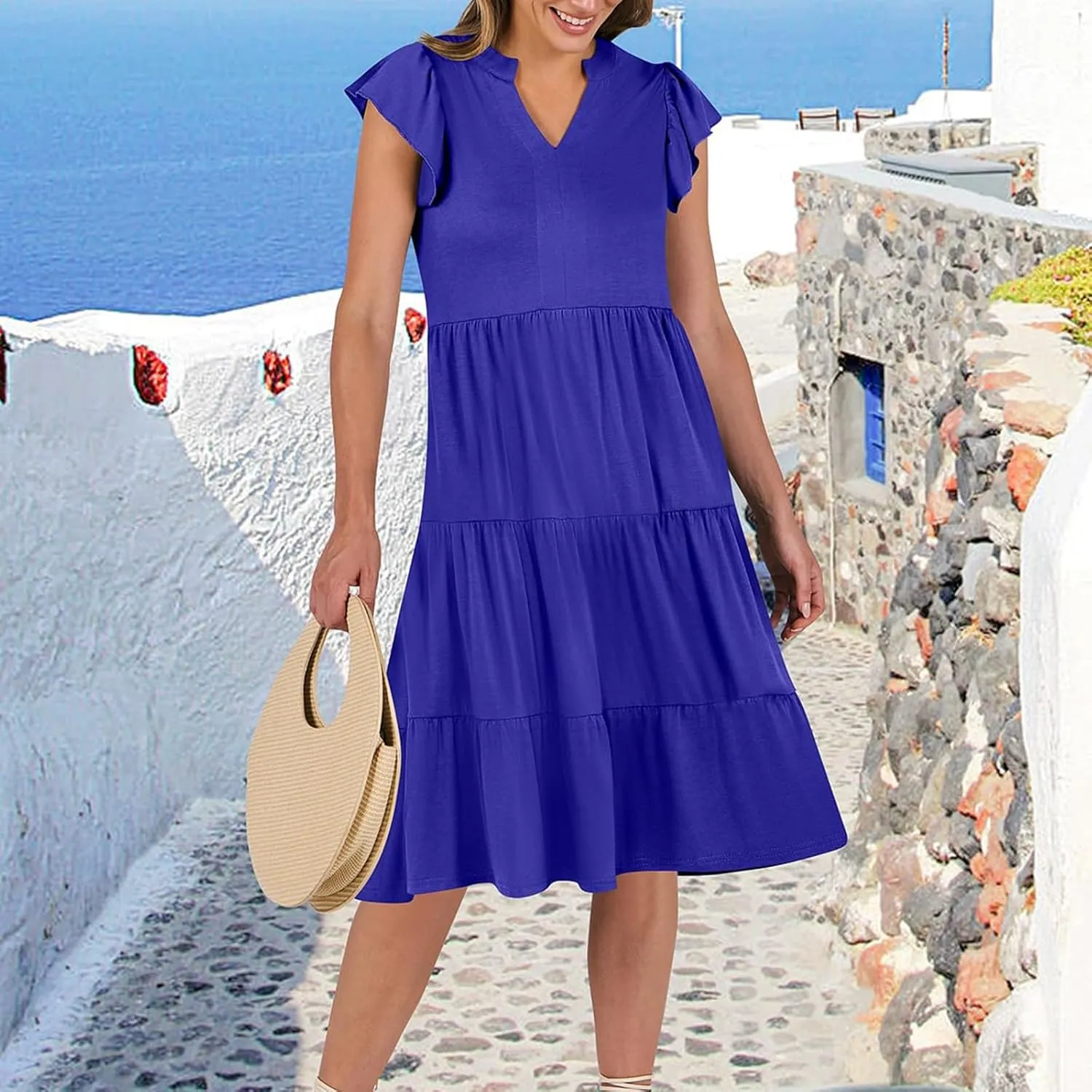 Women's Clothing Dresses V-Neck Ruffle Sleeve Solid Color Layered Bohemian Beach Party Mini Dresses Short, S-2XL