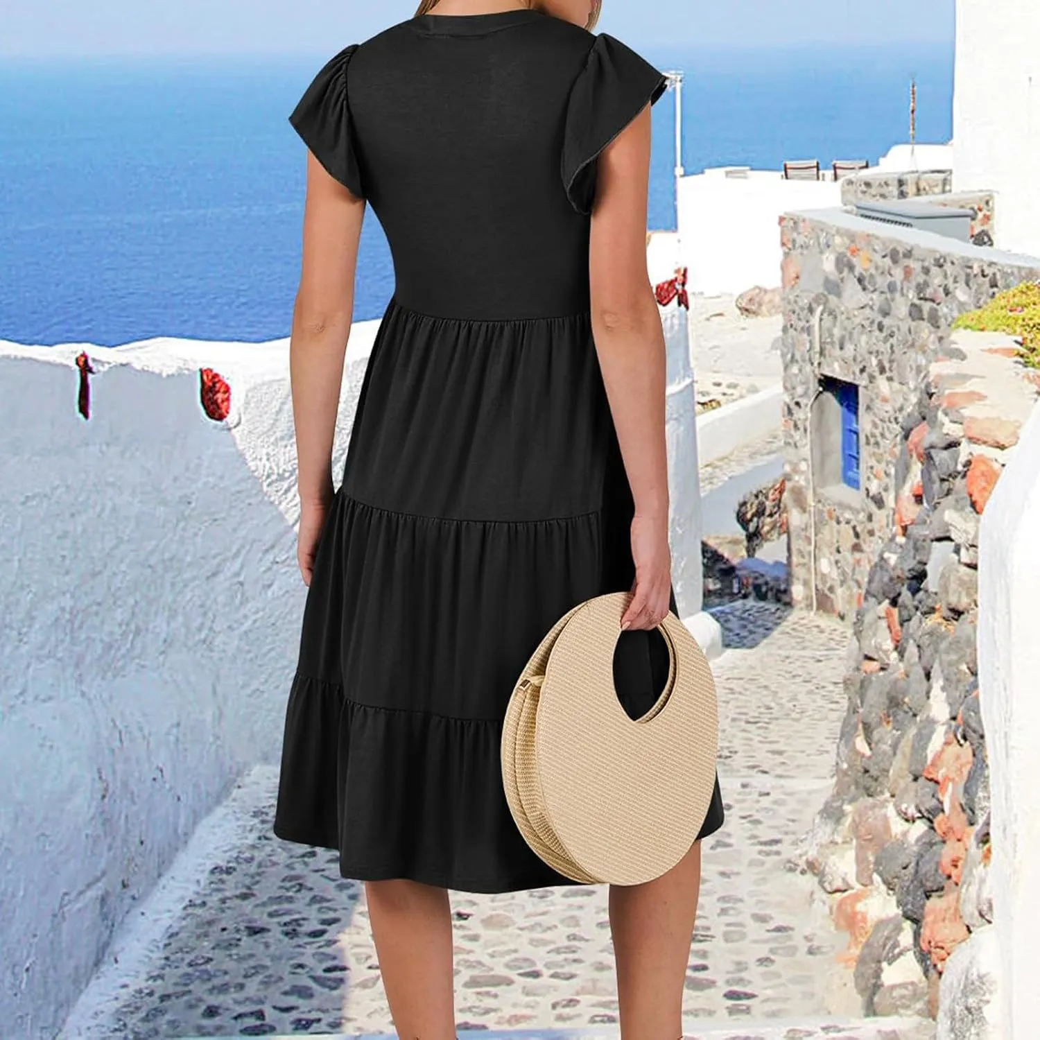 Women's Clothing Dresses V-Neck Ruffle Sleeve Solid Color Layered Bohemian Beach Party Mini Dresses Short, S-2XL