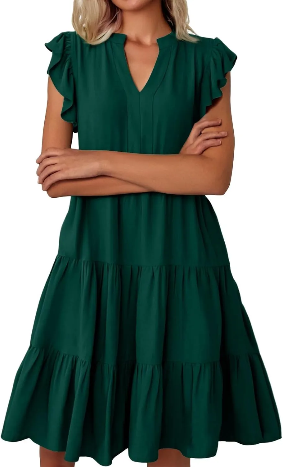 Women's Clothing Dresses V-Neck Ruffle Sleeve Solid Color Layered Bohemian Beach Party Mini Dresses Short, S-2XL