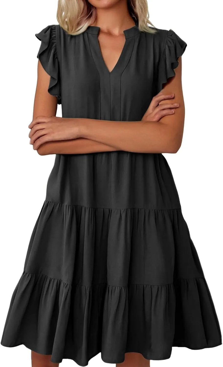 Women's Clothing Dresses V-Neck Ruffle Sleeve Solid Color Layered Bohemian Beach Party Mini Dresses Short, S-2XL