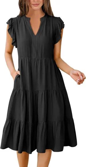 Women's Clothing Dresses V-Neck Ruffle Sleeve Solid Color Layered Bohemian Beach Party Mini Dresses Short, S-2XL