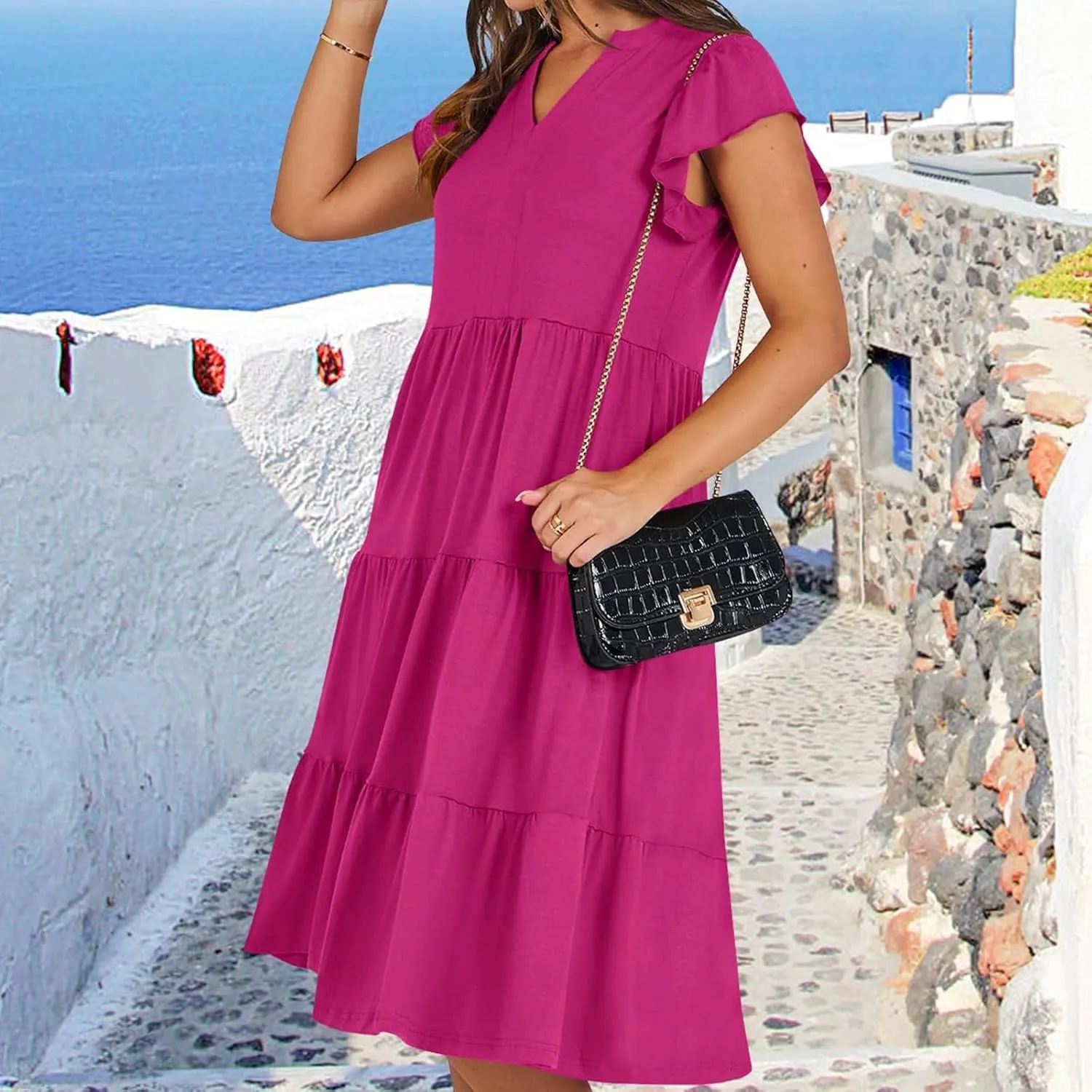 Women's Clothing Dresses V-Neck Ruffle Sleeve Solid Color Layered Bohemian Beach Party Mini Dresses Short, S-2XL