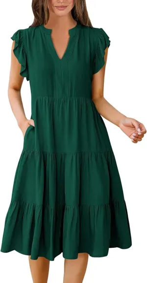 Women's Clothing Dresses V-Neck Ruffle Sleeve Solid Color Layered Bohemian Beach Party Mini Dresses Short, S-2XL
