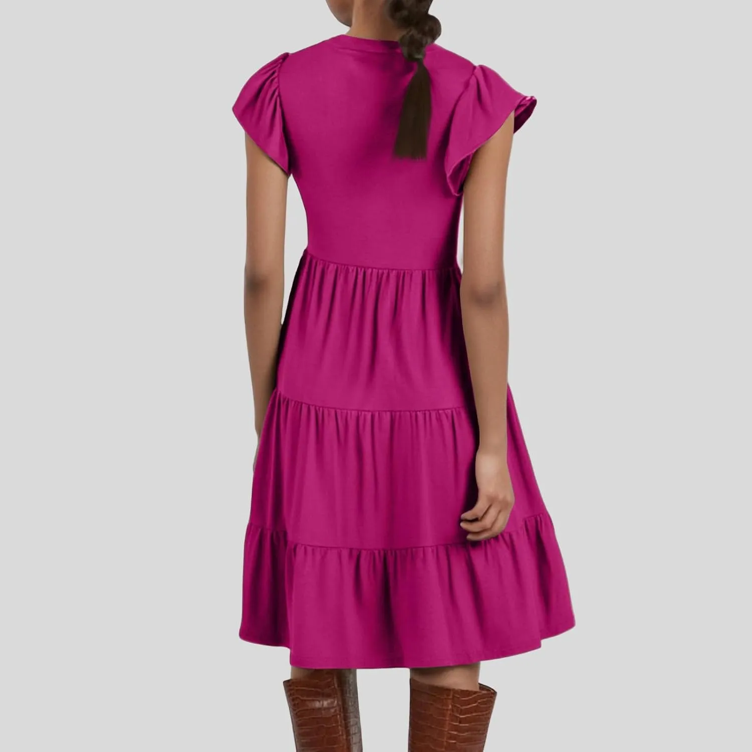 Women's Clothing Dresses V-Neck Ruffle Sleeve Solid Color Layered Bohemian Beach Party Mini Dresses Short, S-2XL