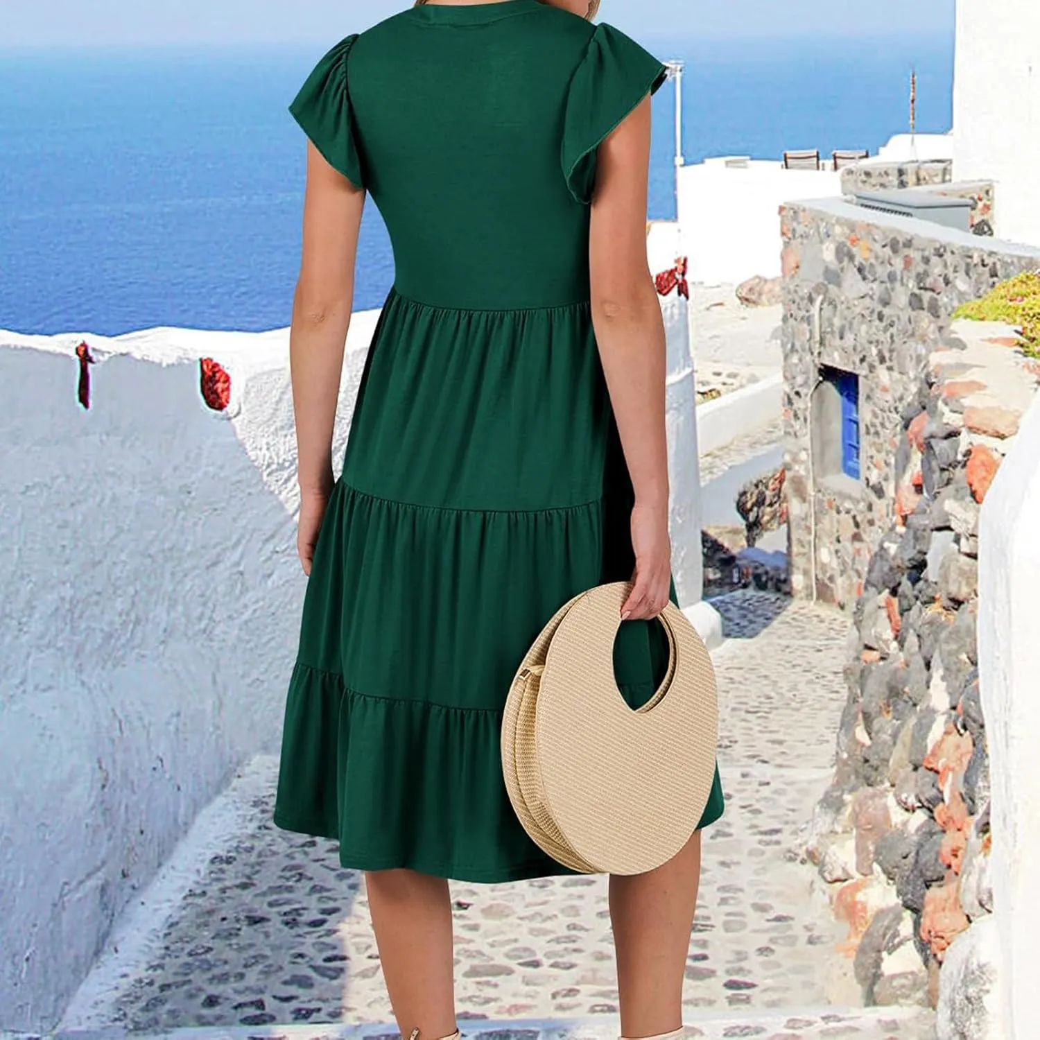 Women's Clothing Dresses V-Neck Ruffle Sleeve Solid Color Layered Bohemian Beach Party Mini Dresses Short, S-2XL