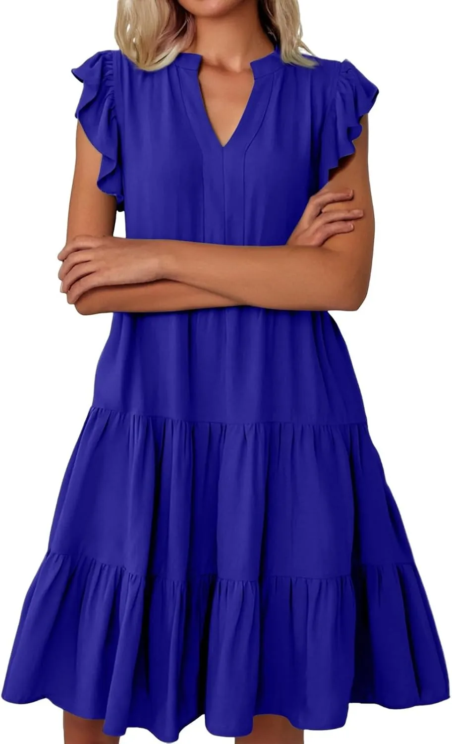 Women's Clothing Dresses V-Neck Ruffle Sleeve Solid Color Layered Bohemian Beach Party Mini Dresses Short, S-2XL