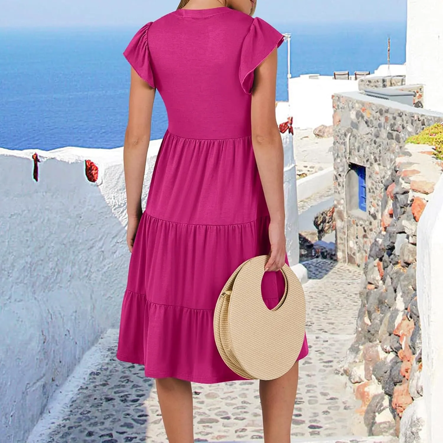 Women's Clothing Dresses V-Neck Ruffle Sleeve Solid Color Layered Bohemian Beach Party Mini Dresses Short, S-2XL