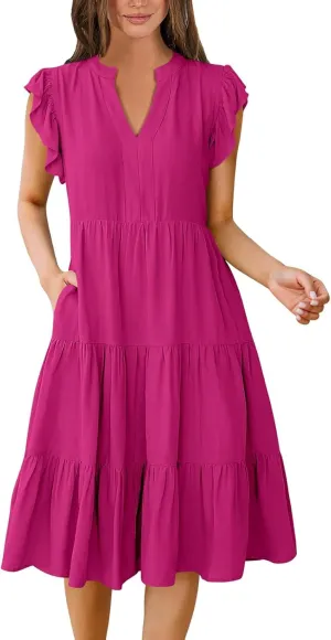 Women's Clothing Dresses V-Neck Ruffle Sleeve Solid Color Layered Bohemian Beach Party Mini Dresses Short, S-2XL