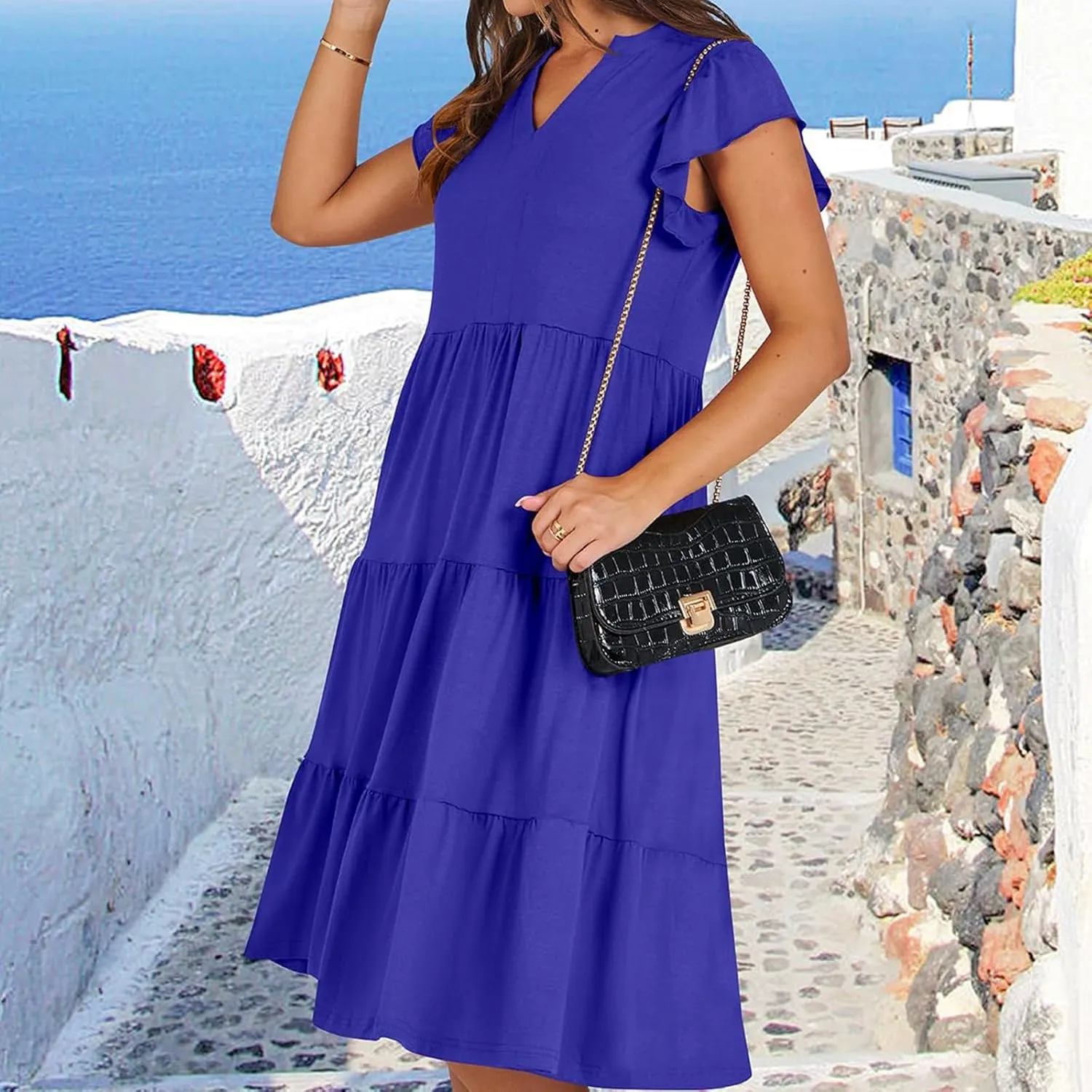 Women's Clothing Dresses V-Neck Ruffle Sleeve Solid Color Layered Bohemian Beach Party Mini Dresses Short, S-2XL