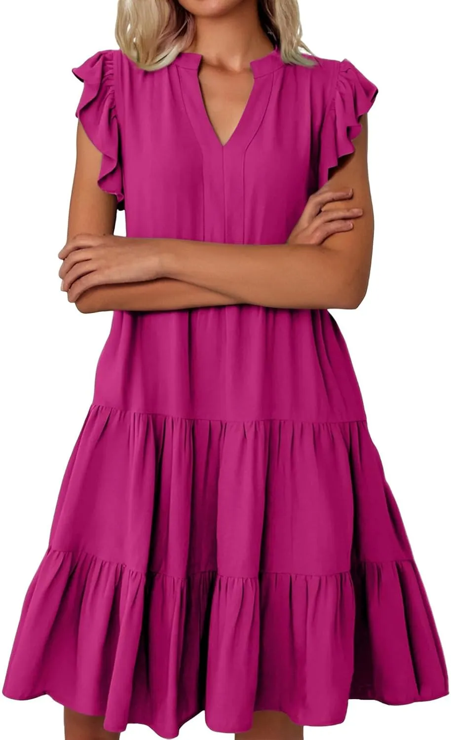 Women's Clothing Dresses V-Neck Ruffle Sleeve Solid Color Layered Bohemian Beach Party Mini Dresses Short, S-2XL
